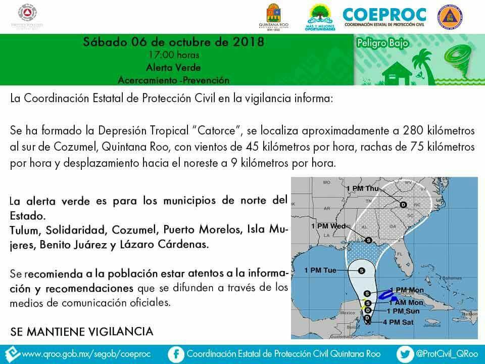 Emiten alerta verde por depresión tropical “Catorce”